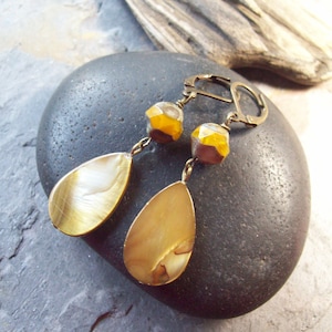 Milan – Golden Mother of Pearl teardrop earrings with Faceted Czech glass beads #golden #motherofpearl #earrings #gift