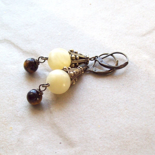 Earrings - Amani Honey Calcite beaded dangle earrings with Tigers Eye and Brass