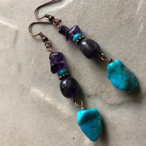 Purple Amethyst Nugget Earrings with Natural Turquoise dangles PINOT NOIR