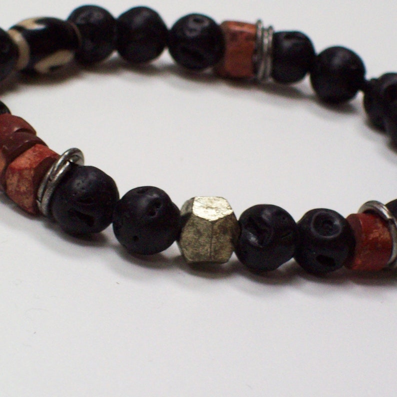 Lava Black Bracelet for Him with Tibetan Agate, Bauxite Trade Beads, Iron Pyrite-Bracelet mensjewelry formen fathersdaygifts energy image 1