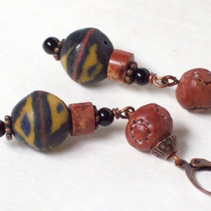 SAMBA African Trade Bead and Clay earrings with Black Obsidian-Jewelry  Boho Dangles