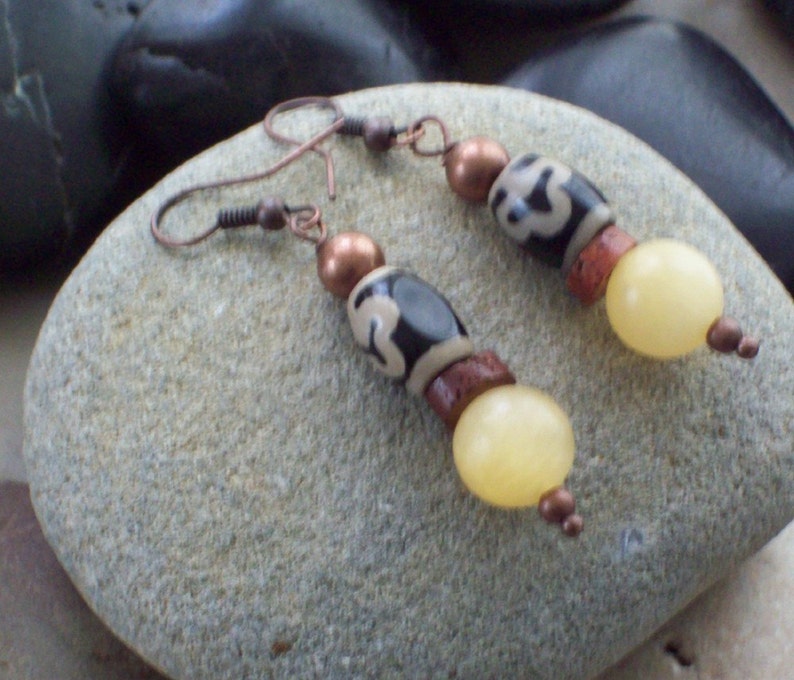 SWEET SPIRIT Golden Earrings Honey Calcite with Tibetan Agate and African Bauxite Trade Beads-Jewelry Earrings image 6