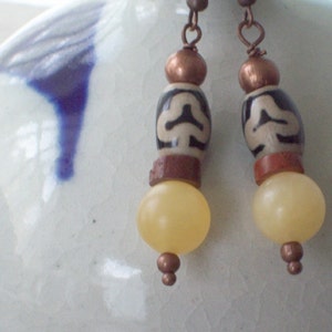 SWEET SPIRIT Golden Earrings Honey Calcite with Tibetan Agate and African Bauxite Trade Beads-Jewelry Earrings image 3