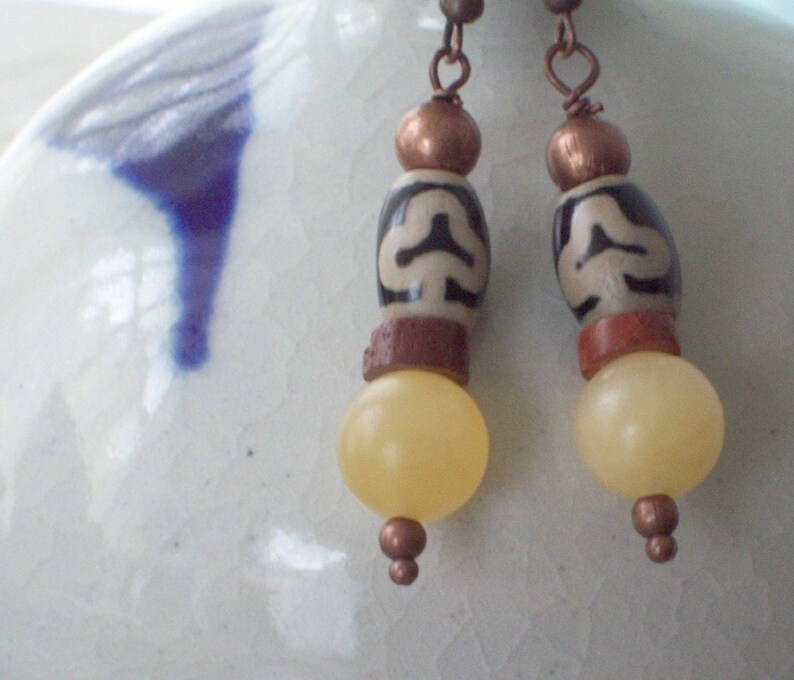 SWEET SPIRIT Golden Earrings Honey Calcite with Tibetan Agate and African Bauxite Trade Beads-Jewelry Earrings image 3