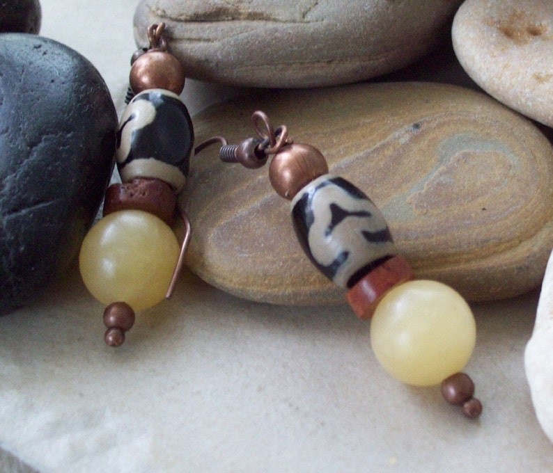 SWEET SPIRIT Golden Earrings Honey Calcite with Tibetan Agate and African Bauxite Trade Beads-Jewelry Earrings image 4