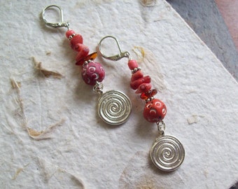 Indian Summer Handpainted clay beaded earrings with Pink coral, Baltic Amber and silver spiral dangle charm