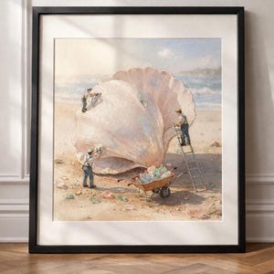 Tiny People Beach Watercolor Art – Whimsical Seashell Illustration (Digital Download)