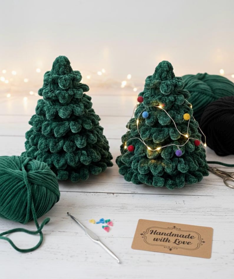 K&ouml;nnte beinhalten: Zwei handgefertigte gr&uuml;ne geh&auml;kelte Weihnachtsb&auml;ume. Einer ist mit einer Lichterkette und bunten Pompons geschm&uuml;ckt. Ein Kn&auml;uel gr&uuml;ne Wolle, eine H&auml;kelnadel und ein Etikett mit der Aufschrift "Handmade with Love" sind ebenfalls zu sehen.