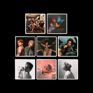 May include: A set of nine photo cards featuring a K-pop boy band. The cards feature different images of the band members, including individual portraits and group shots. The cards are printed on high-quality paper and have a glossy finish. The cards are perfect for fans of the band and would make a great addition to any collection.