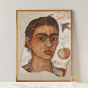 May include: A framed portrait of a woman with dark hair, a prominent unibrow, and a pearl necklace. The artwork has a textured background with handwritten text and a drawing of a bird and an apple. The frame is gold.