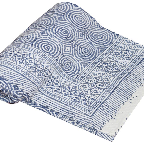 Blau Hand Block Print Baumwolle Reversible Kantha Quilt Boho Reversible Bettwäsche