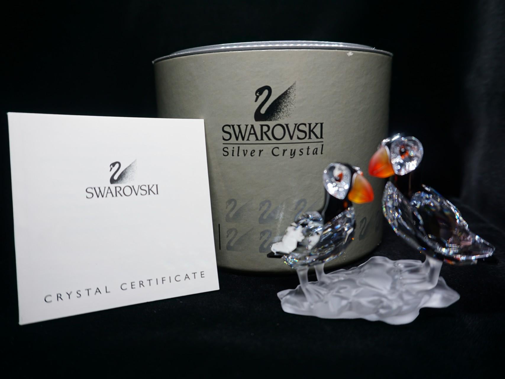 Swarovski Crystal Puffins Figurine With Original Box Cylinder