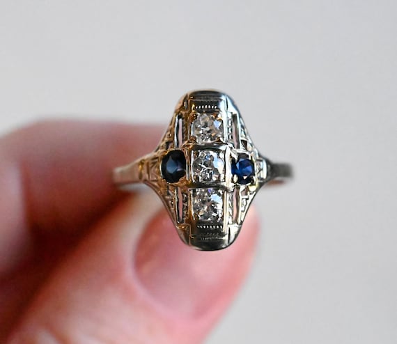 Antique 14k White Gold Art Deco Old Euro Cut Diamond Sapphire Ring - size 8