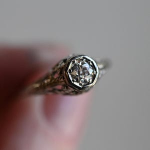 Antique Art Deco 18k White Gold Old Euro Cut Diamond Ring - Size 8