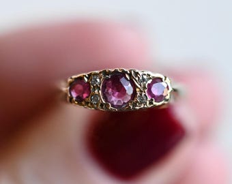 Antique 9k Gold Victorian Boat Ruby & Diamond Ring - size 7.75
