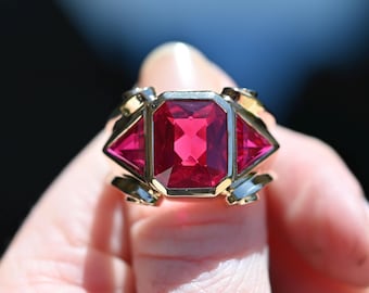 Vintage 9k Gold Große Lünette Set Rubin Schwerer Ring - 9.32g - Größe 9.75 / 10