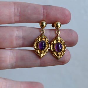 Antique 14k Bezel Set Amethyst Cabochon Victorian Stud Earrings