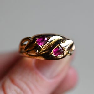 May include: A gold-toned ring featuring a snake design with two ruby-colored gemstones. The snake heads are detailed with textured scales and hold the oval-shaped gems. The ring is a close-up shot, highlighting the jewelry's craftsmanship.