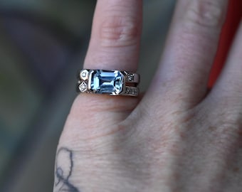 Platinum Vintage Blue Topaz & Diamond Chunky Signet Ring - size 4.25