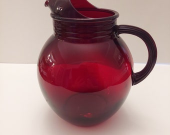 Vintage Ruby Red Glass Anchor Hocking Large Ball Pitcher Ice Lip 96 Ounces3 Quart Farmhouse Gift Tablescape