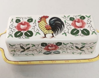 Vintage Hahn und Rosen Butterdose mit Deckel PY Enesco Japan Bauernhaus Geschenk