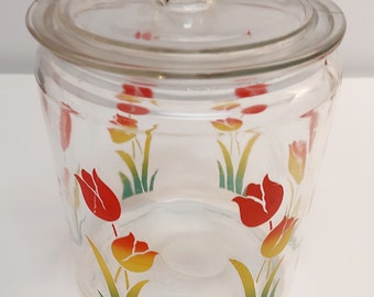 Vintage Anchor Hocking Glass Yellow and Red Tulip Lidded Jar Canister Farmhouse