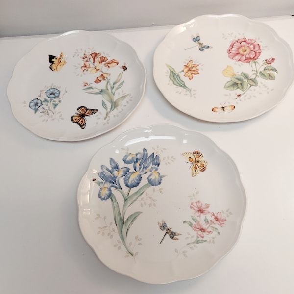 Vintage Lenox Butterfly Meadow Dinner Plates Artist Signed Louise Le Luyer Farmhouse Gift Cottage