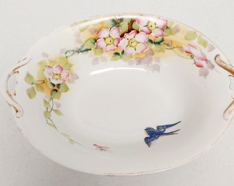 Antique Oval Tab Handle Hand Painted Nippon Bowl Floral With Blue Bird Elegant Pretty