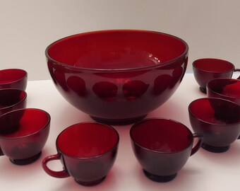 Vintage Anchor Hocking Ruby Red Footed Punch Bowl and 8 Cups Farmhouse Gift Tablescape