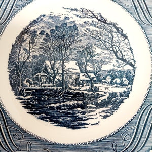 Vintage Currier And Ives Dinner Plates Cobalt Blue And White Farmhouse The Old Grist Mill Royal Made In The U.S.A.