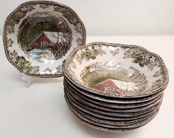 Vintage Johnson Brothers Friendly Village Square Bowls Covered Bridge Made in England