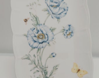 Vintage Lenox Oval Tray Platter Blue Poppy Yellow and Blue Butterfly Artist Signed Farmhouse Cottage Gift