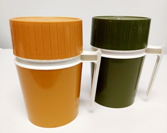 Vintage Set of Two Thermos Green Gold Soup Coffee Tea Fall
