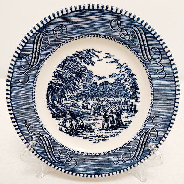 Vintage Currier and Ives Bread Plates Cobalt Blue White Farmhouse