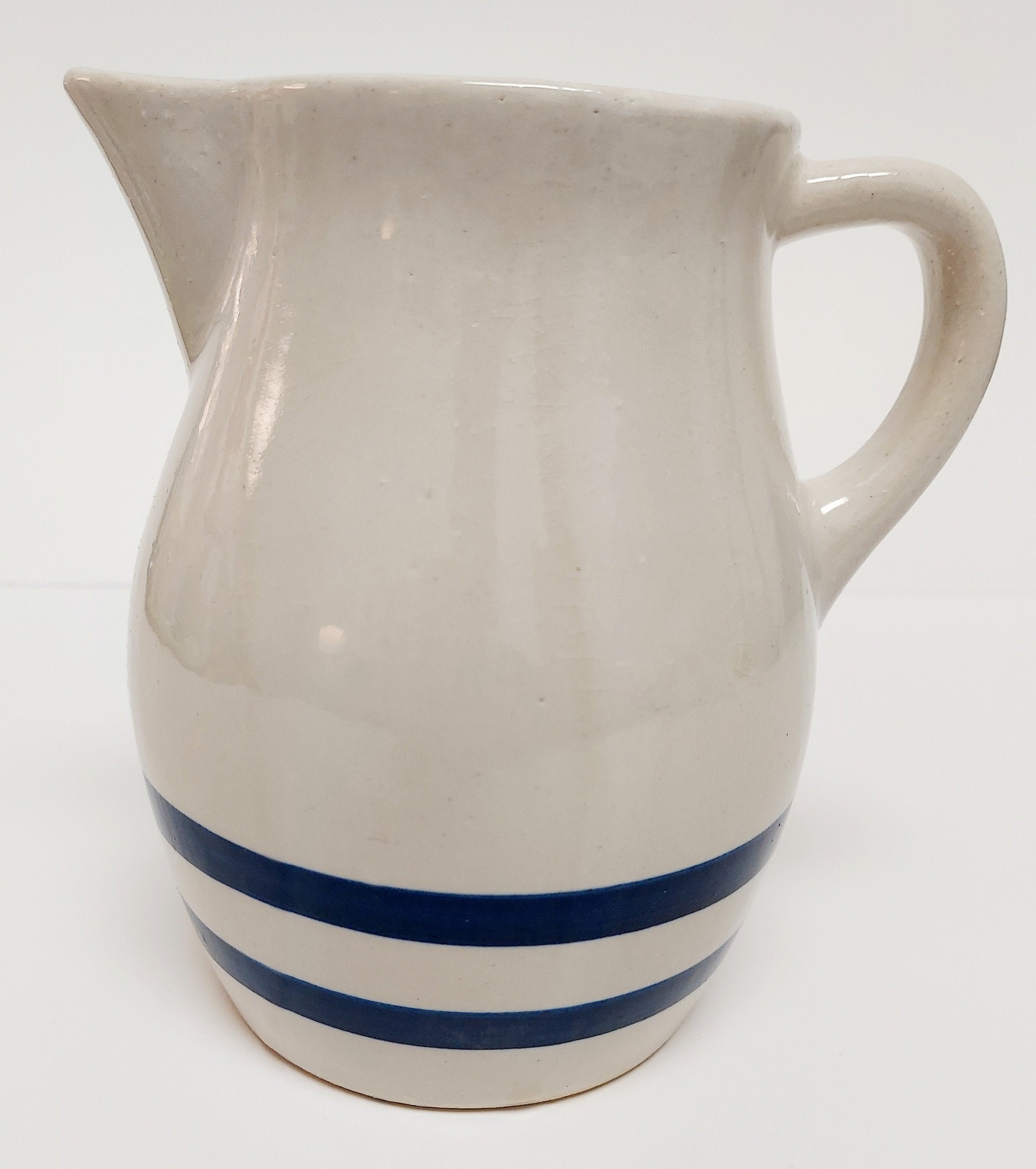 Two small milk pitchers with blue & white stripes - Martres