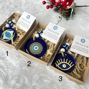 Unieke kerstcadeau-ideeën, kerstornament in geschenkverpakking, boze oog muur hangend, huisbescherming, kant-en-klaar cadeau met kaart, Griekse bruiloft