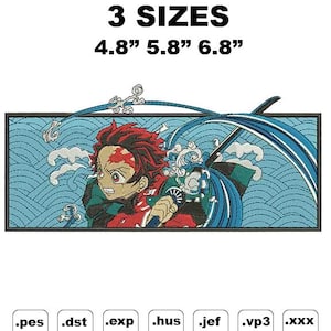 May include: Embroidered patch featuring a character with red hair and a determined expression, set against a blue wave pattern. The patch is rectangular and includes the text "3 SIZES" above the dimensions 4.8", 5.8", and 6.8".
