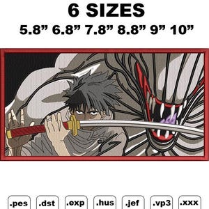 May include: Embroidered patch featuring a character from an anime series. The character is holding a sword and is facing a monstrous creature with sharp teeth. The patch is available in six sizes: 5.8 inches, 6.8 inches, 7.8 inches, 8.8 inches, 9 inches, and 10 inches.