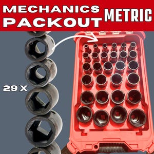 May include: A red PACKOUT case containing a metric socket set. The set includes various sizes of black sockets. The text "MECHANICS METRIC" is at the top. A stack of 29 sockets is shown on the left.