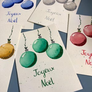 Joyeux Noël, Feliz Navidad, Buon Natale, Felix Natal, handgeschilderde kerstkaarten, aquarelontwerp, kerstbalontwerp, glitter, multipack