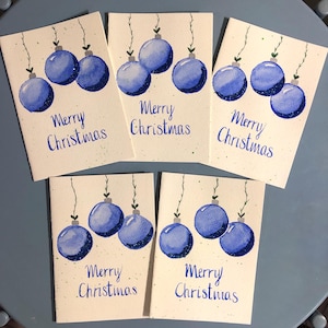 Buon Natale, blu, monocolore, biglietti di Natale dipinti a mano, disegno acquerello, disegno palline, glitter, confezione da 5, confezione da 10, confezione da 20