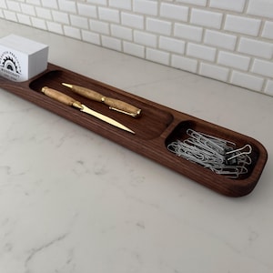 The Office Drop: custom made walnut desk tray perfect for organizing pens, business cards and other office supplies