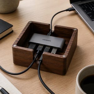 May include: A dark brown wooden square docking station housing a grey UGREEN USB-C hub. The hub features multiple ports with connected black cables and a silver flash drive. The wooden organizer has cutouts for cable management and metal accents.