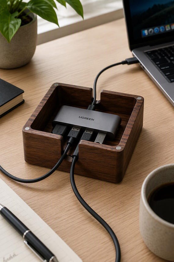 A genuinely handcrafted hardwood box that hides your ugly USB hub and cable chaos — comes in 4 real wood species so it actually matches your desk setup.