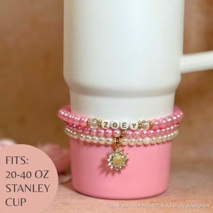 Personalized Stanley Cup Bracelet Stack Water Bottle Accessories Pink Pearl Charm for Stanley Quencher H2o 20 oz 40 oz 30 oz Cup Tumbler