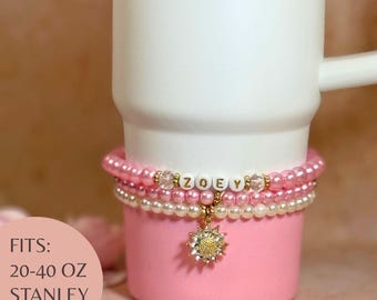 Personalized Stanley Cup Bracelet Stack Water Bottle Accessories Pink Pearl Charm for Stanley Quencher H2o 20 oz 40 oz 30 oz Cup Tumbler