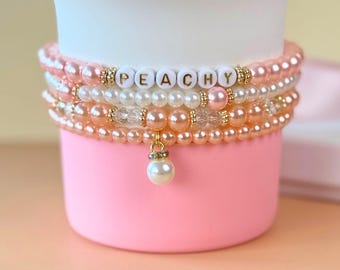 Beaded Tumbler Bracelet Pearl Crystal Charm Stanley Cup Accessory Peach Tumbler Handle Decor Adjustable Water Bottle Jewelry Gift for Teen
