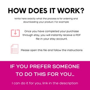 Instructional text graphic titled HOW DOES IT WORK with steps for downloading a digital file and a pink banner at the bottom.
