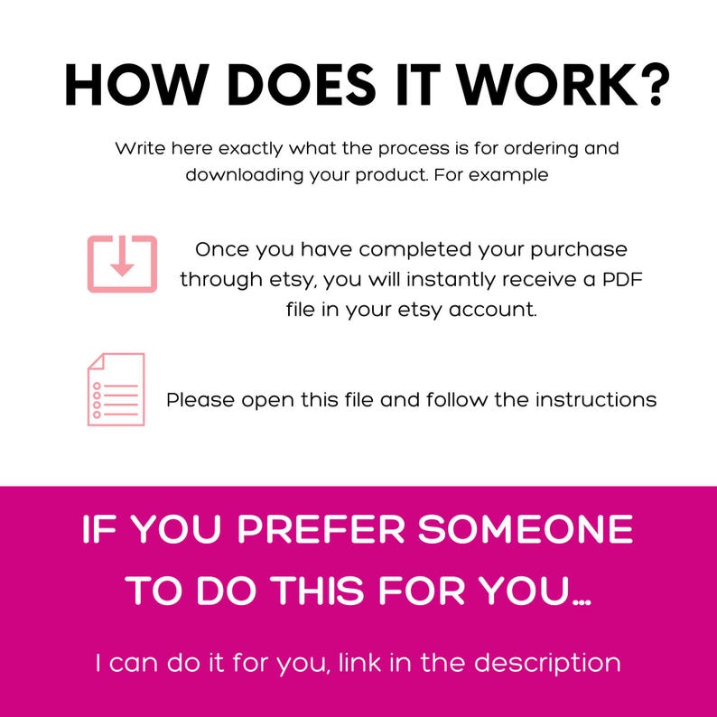 Instructional text graphic titled HOW DOES IT WORK with steps for downloading a digital file and a pink banner at the bottom.