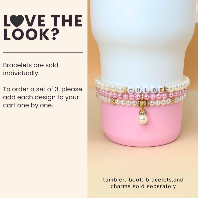 Personalized Water Bottle Bracelet Stanley Cup Bracelet Pink Pearl Water Bottle Charm Tumbler Bracelet Stanley Accessories Custom Gift image 2